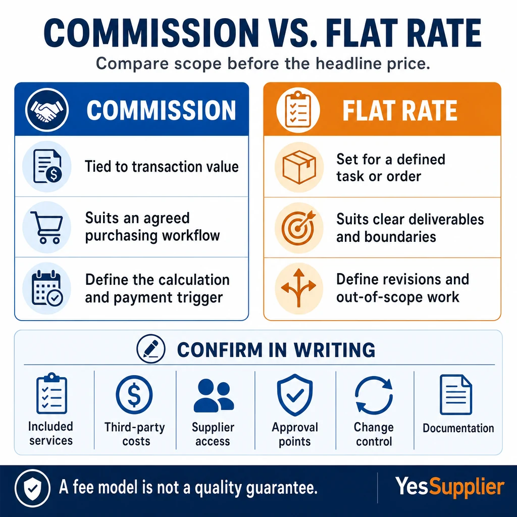 Commission vs. flat-rate China sourcing agent fees comparison infographic