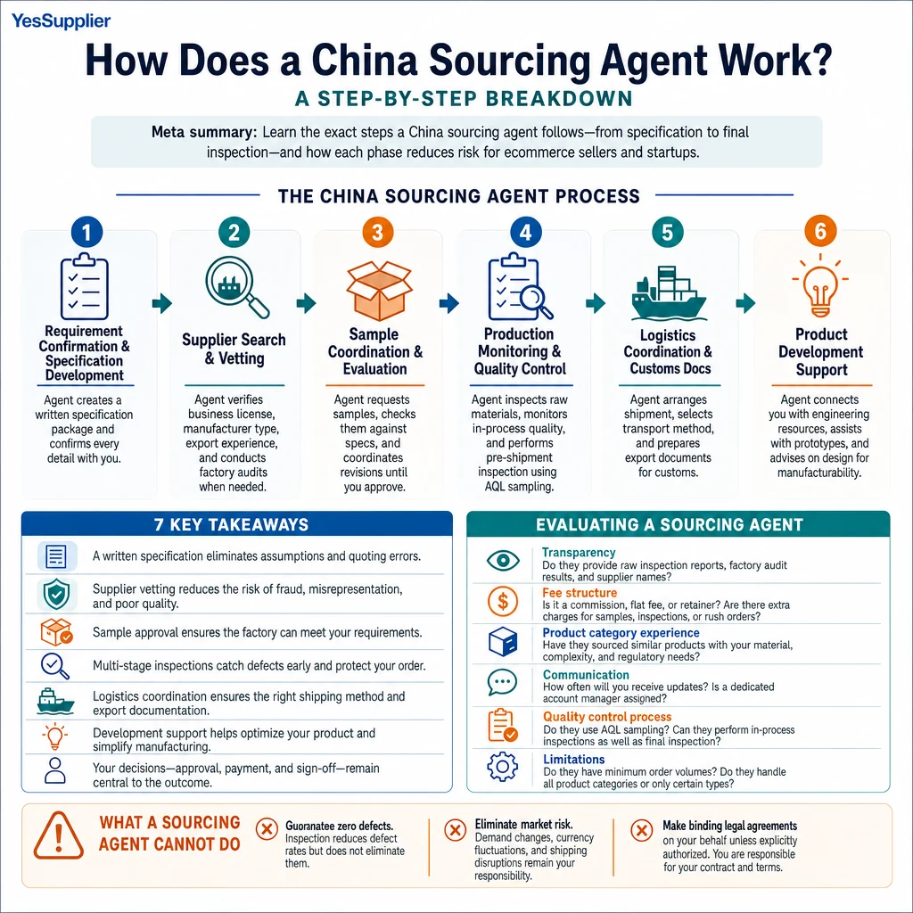 Infographic summarizing How Does a China Sourcing Agent Work? A Step-by-Step Breakdown