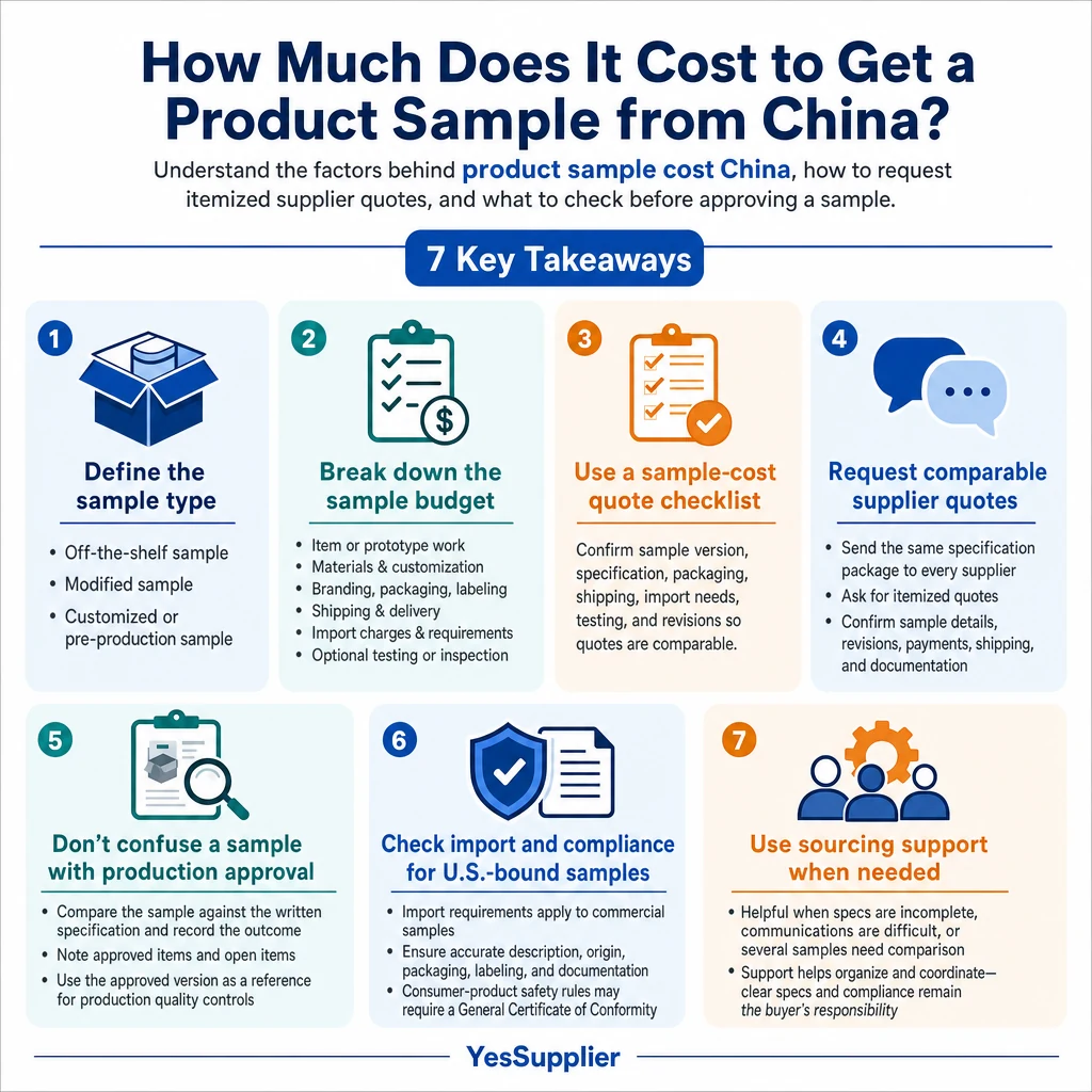 Infographic summarizing How Much Does It Cost to Get a Product Sample from China?