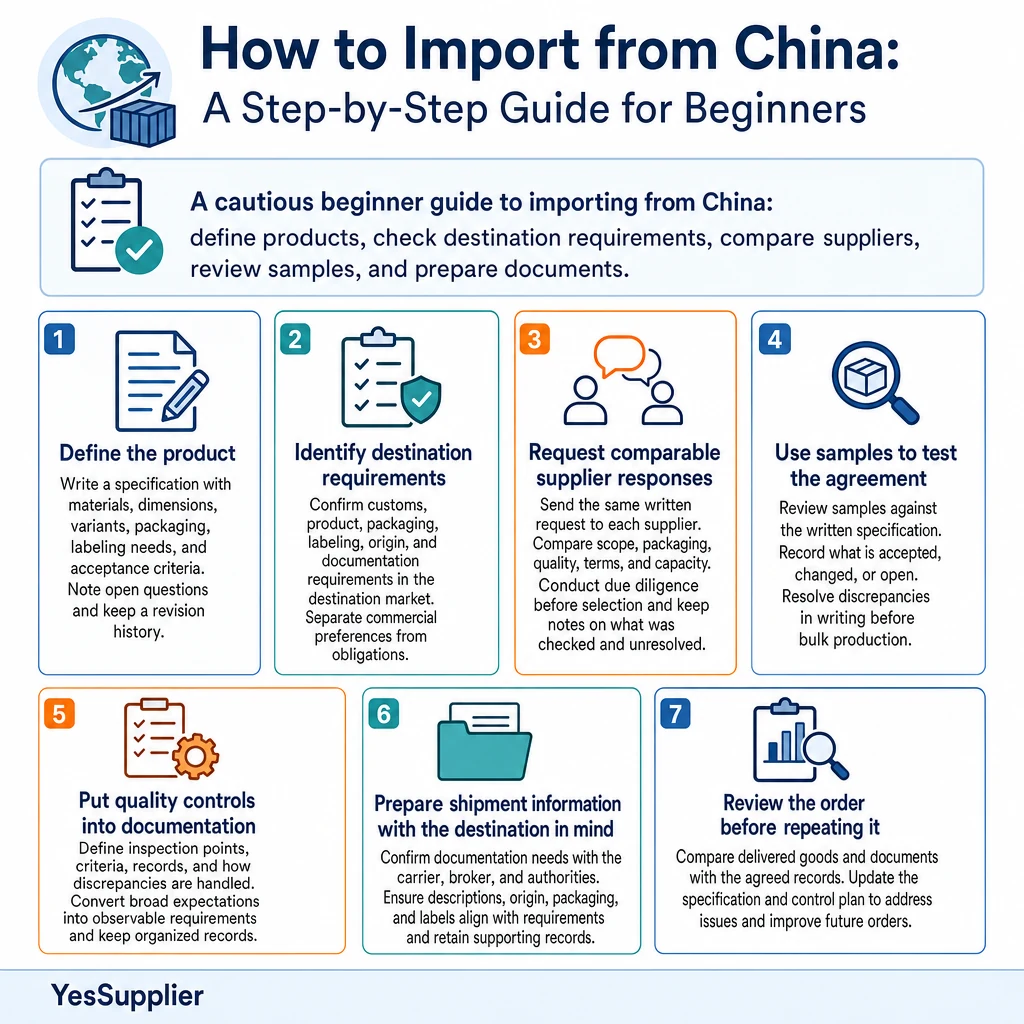 Infographic summarizing How to Import from China: A Step-by-Step Guide for Beginners