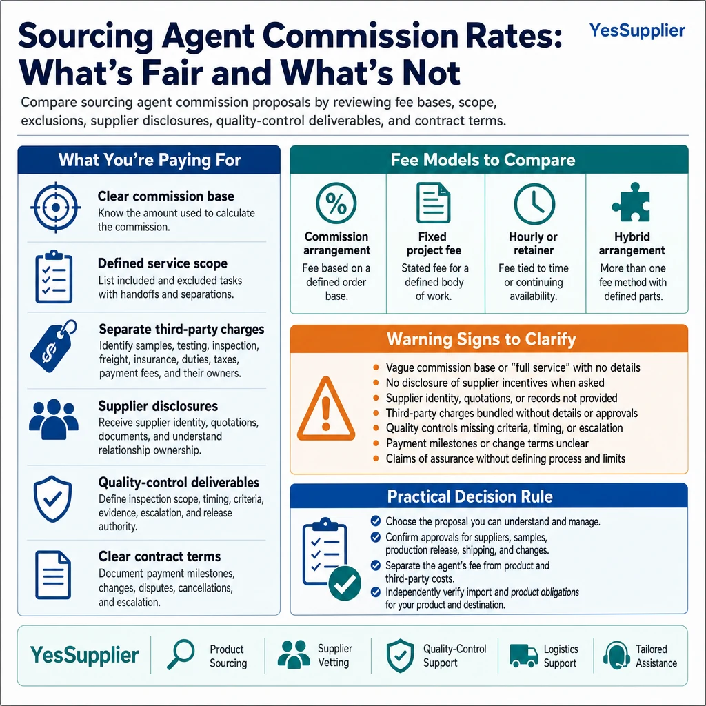 Infographic summarizing Sourcing Agent Commission Rates: What's Fair and What's Not