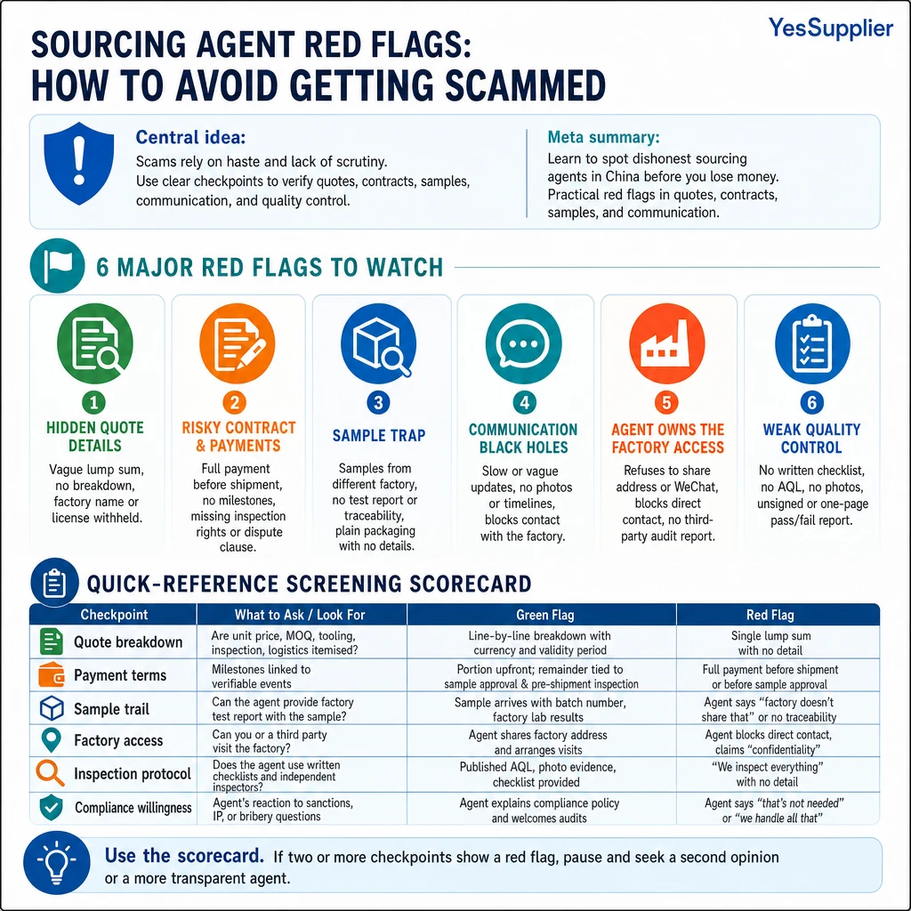 Infographic summarizing Sourcing Agent Red Flags: How to Avoid Getting Scammed