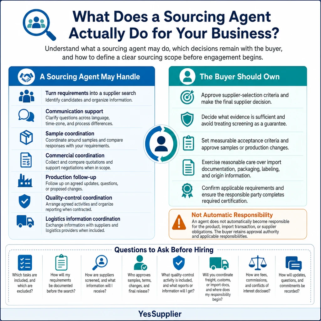 Infographic summarizing What Does a Sourcing Agent Actually Do for Your Business?