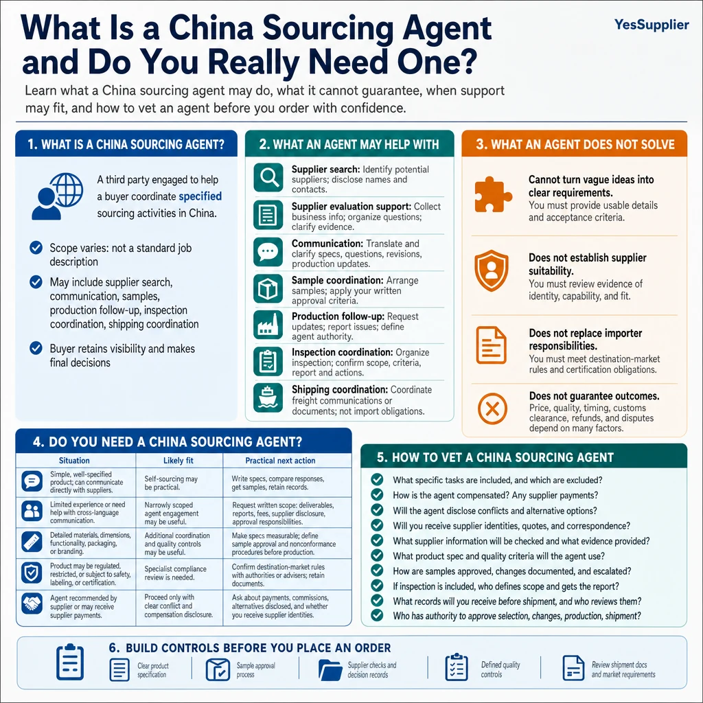 Infographic summarizing What Is a China Sourcing Agent and Do You Really Need One?