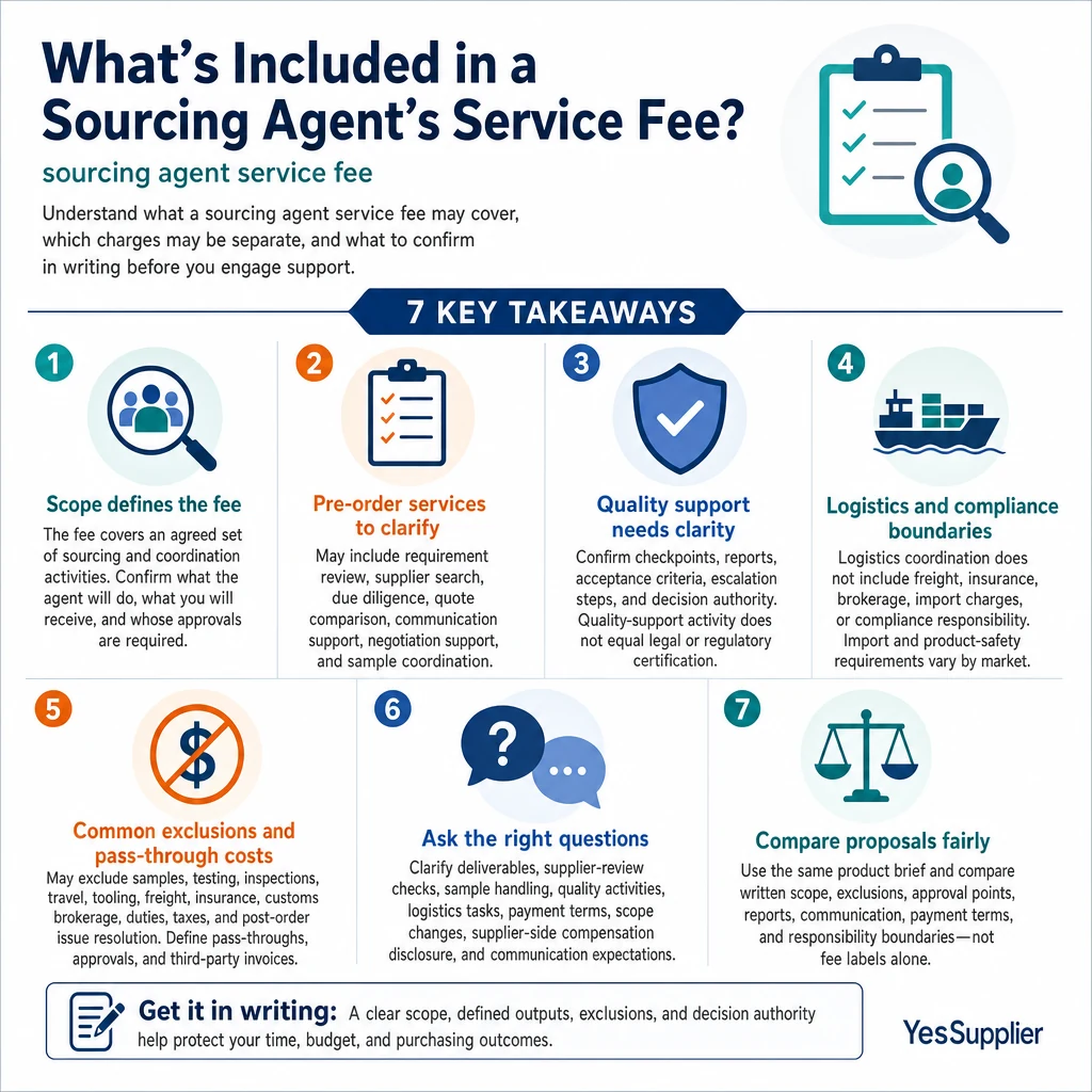 Infographic summarizing What's Included in a Sourcing Agent's Service Fee?