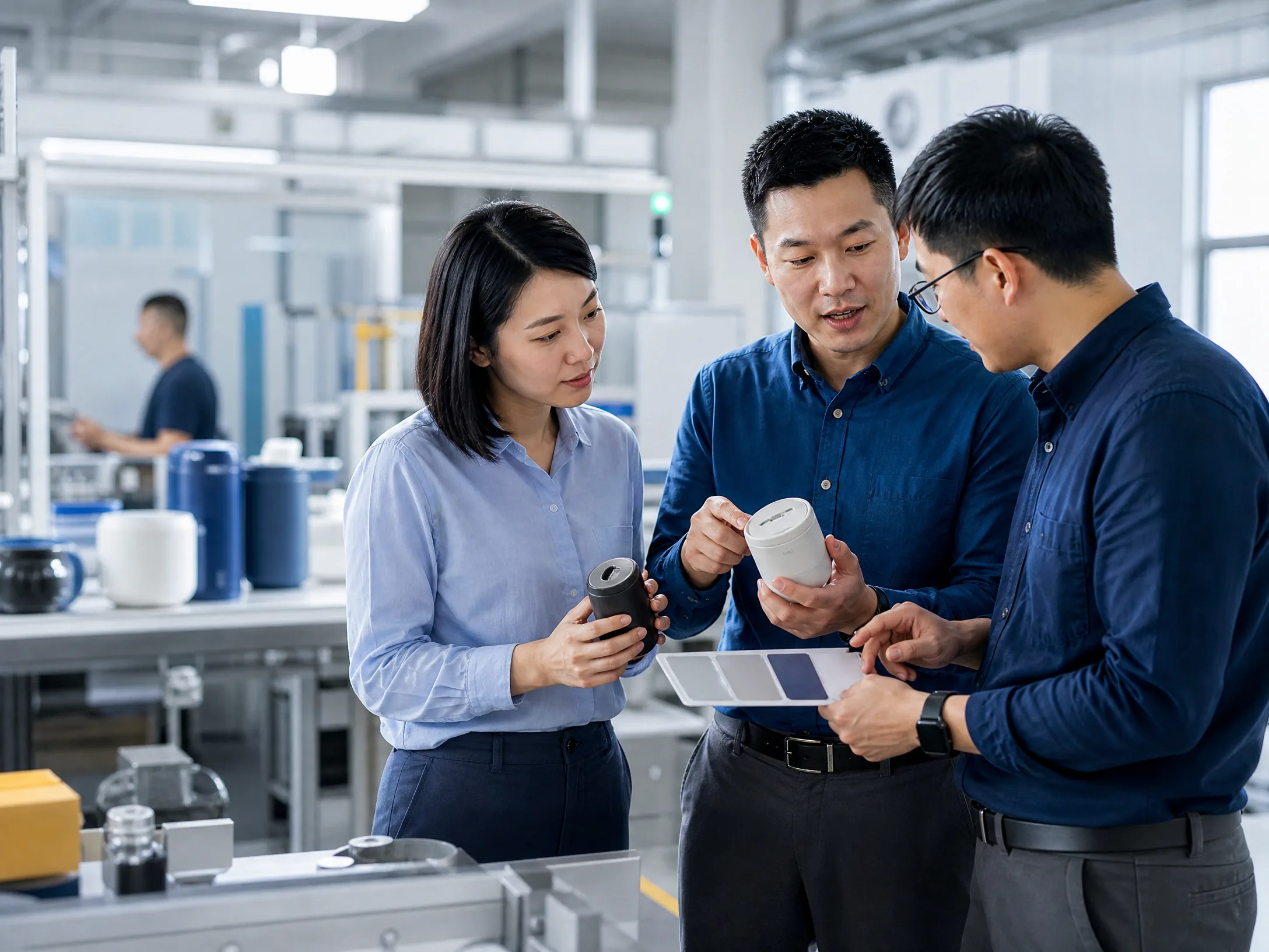 Local China sourcing team reviewing product samples at a factory