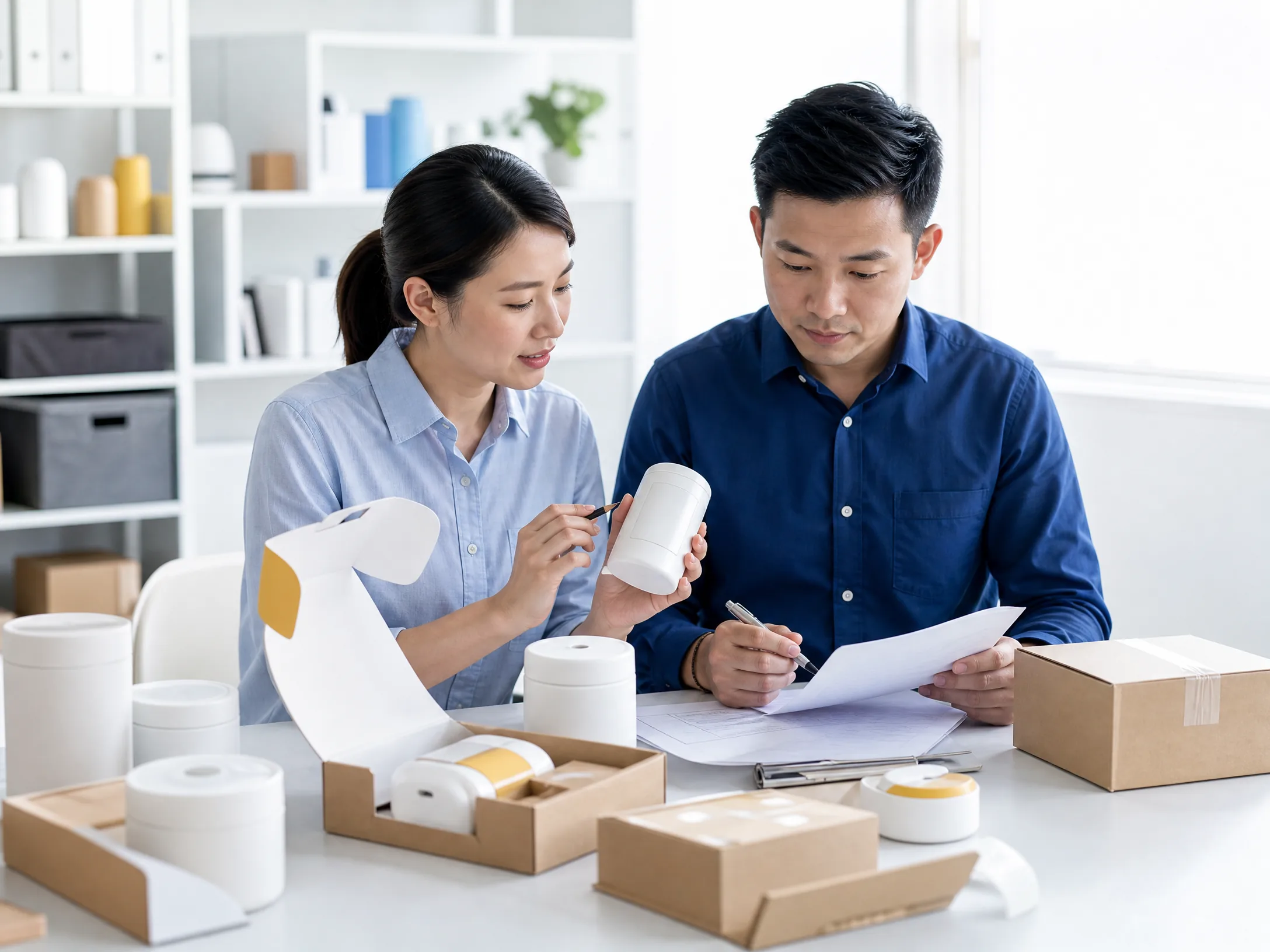 Sourcing specialist reviewing unbranded e-commerce packaging and product readiness