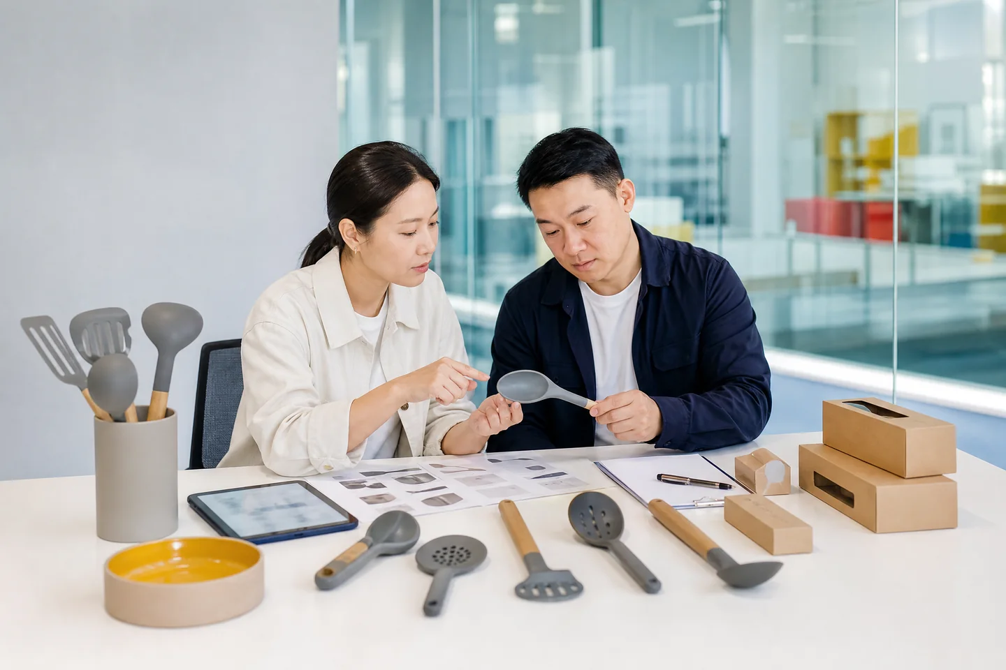 China sourcing team reviewing unbranded kitchenware samples for an e-commerce brand