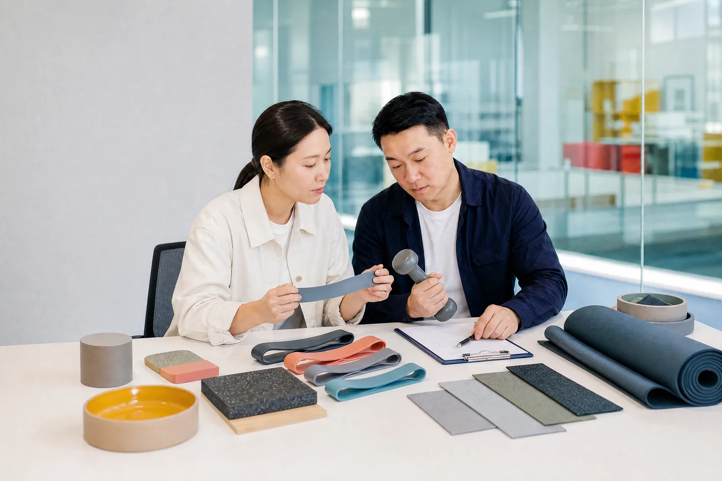 Sourcing specialists testing unbranded fitness equipment materials and samples