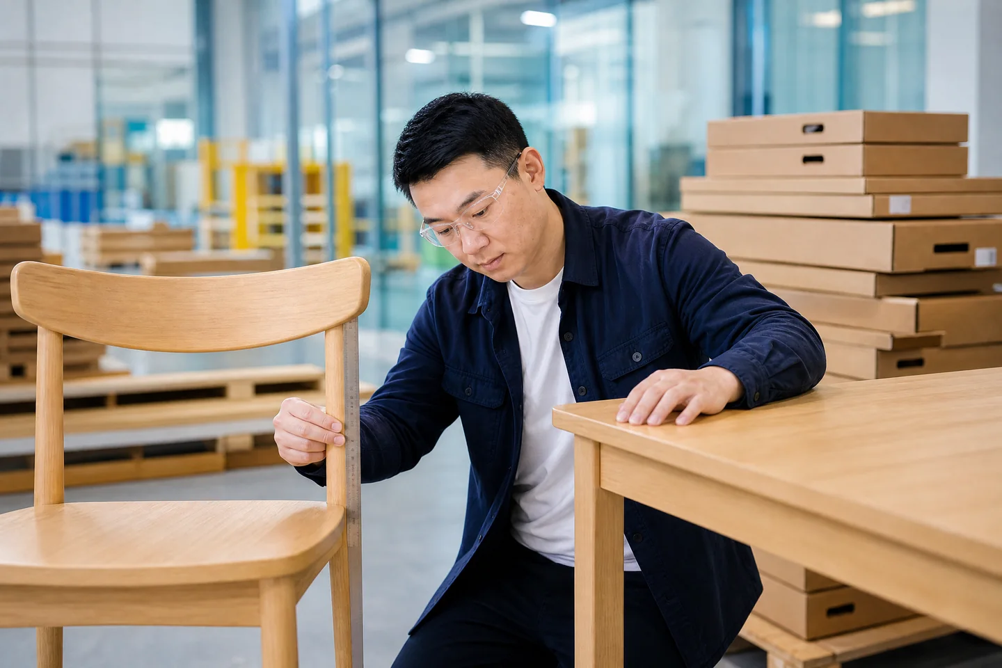 Quality inspector measuring a wooden chair and checking furniture finish before shipment