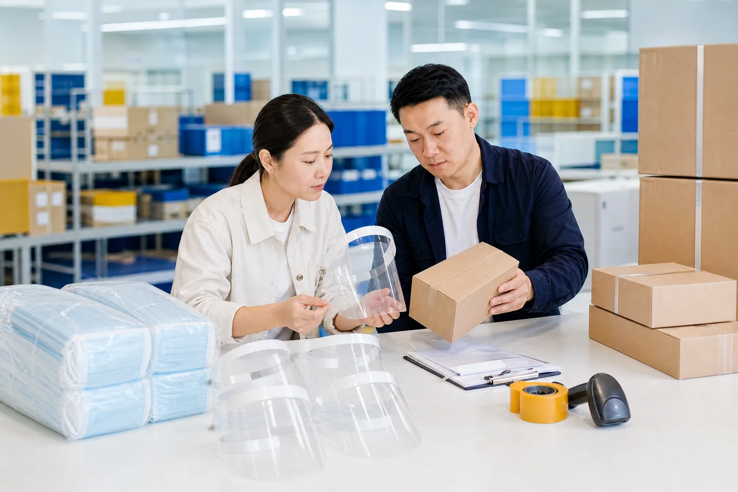 Sourcing coordinators reviewing unbranded protective supplies and sealed export cartons