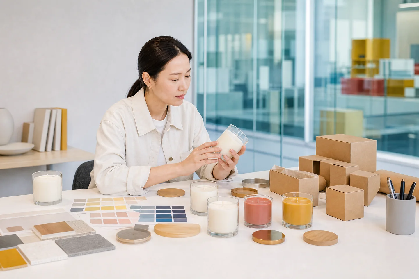 Product development specialist reviewing unbranded candles, packaging and materials