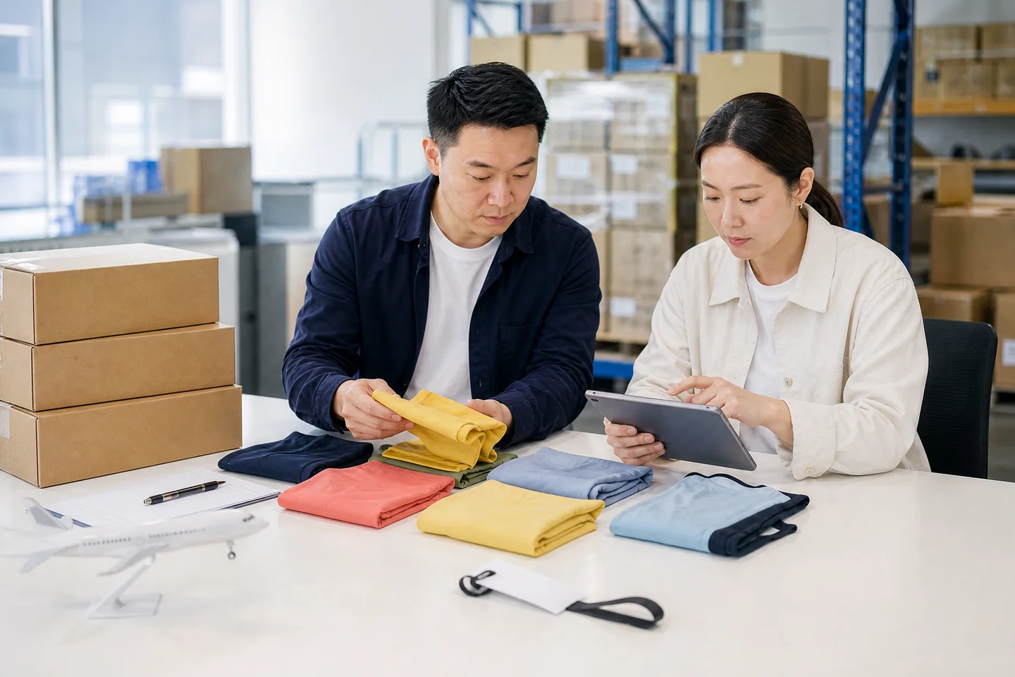 Logistics coordinators reviewing folded beachwear samples and export cartons