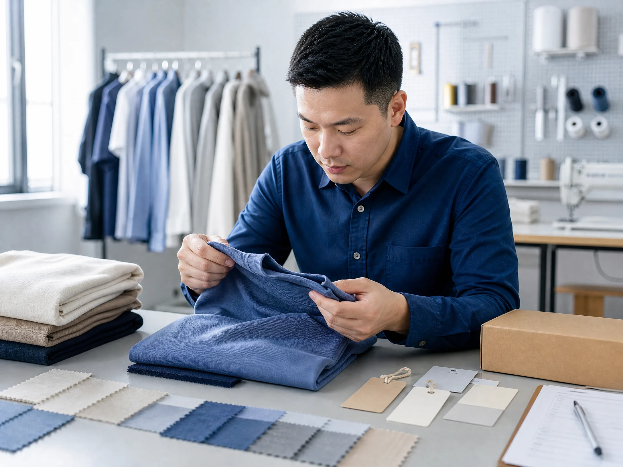 Quality specialist reviewing apparel samples and packaging