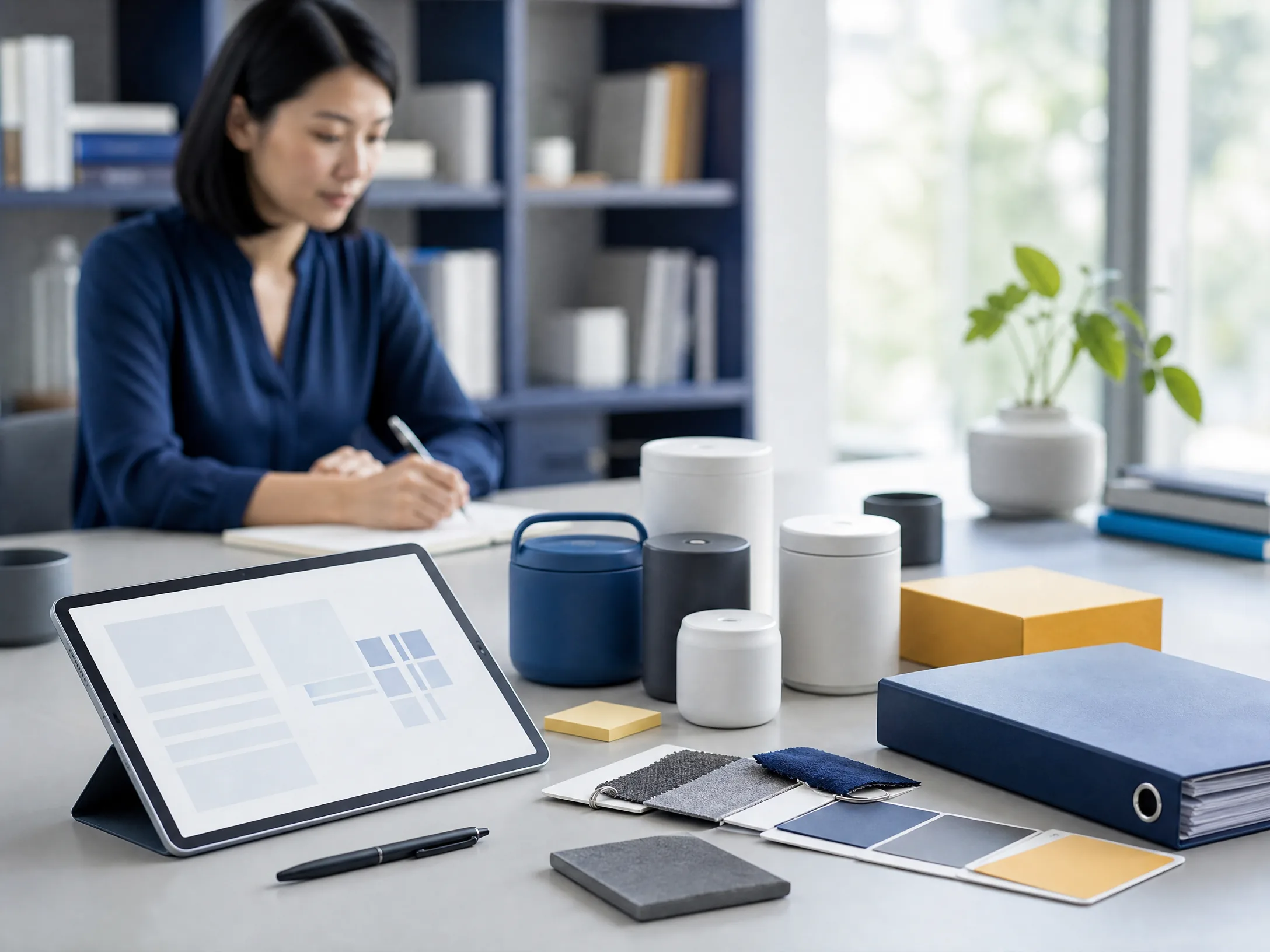 Sourcing research desk with guides, samples and supplier documents