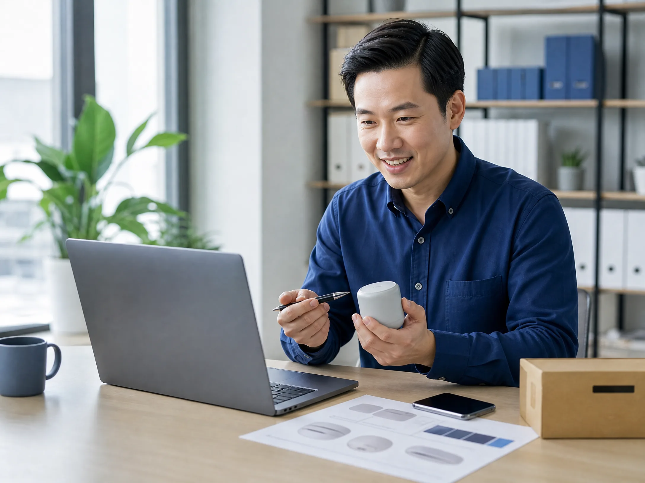 Local sourcing advisor discussing a product sample during a consultation