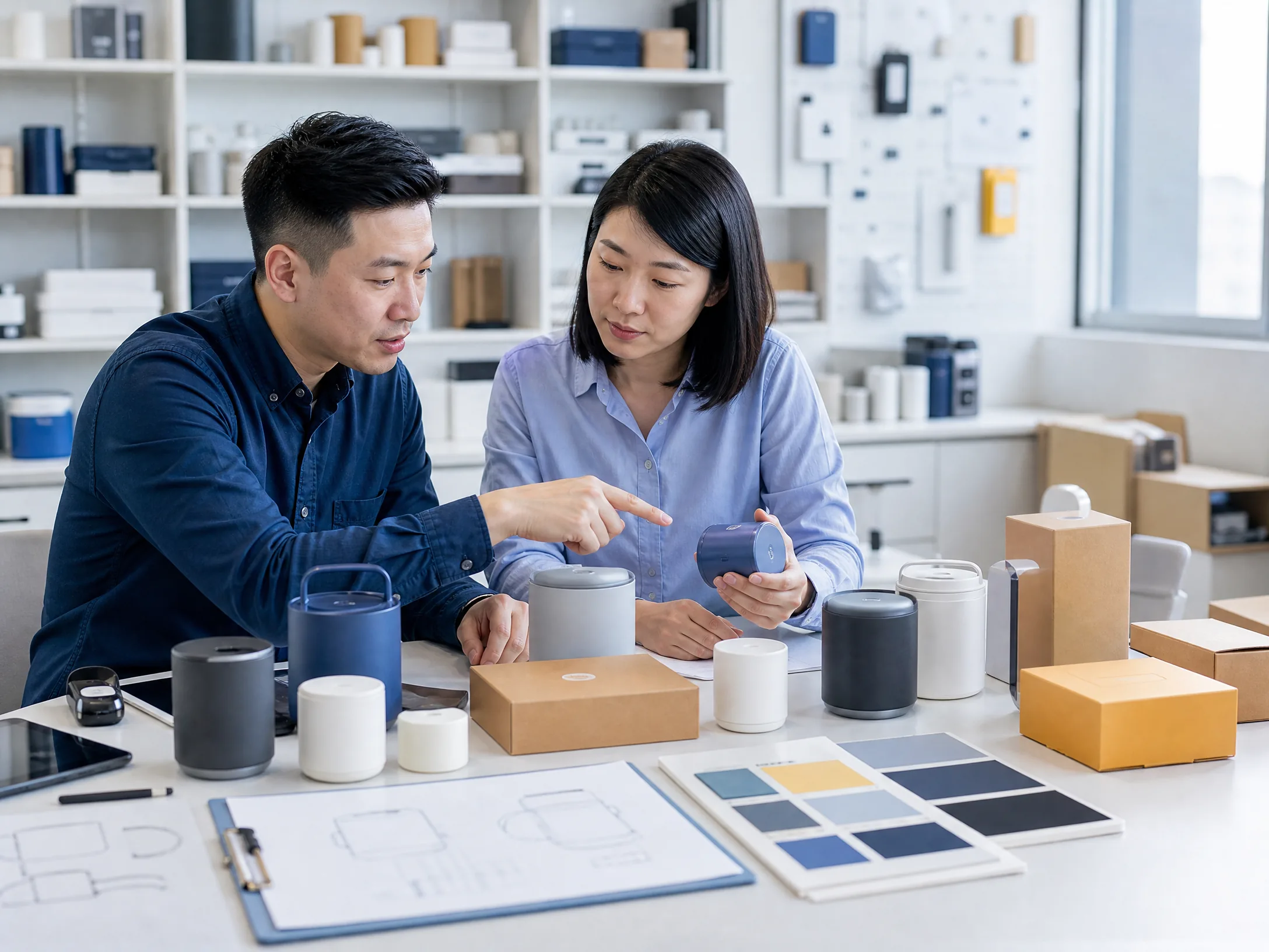 Sourcing team planning e-commerce product SKUs and packaging