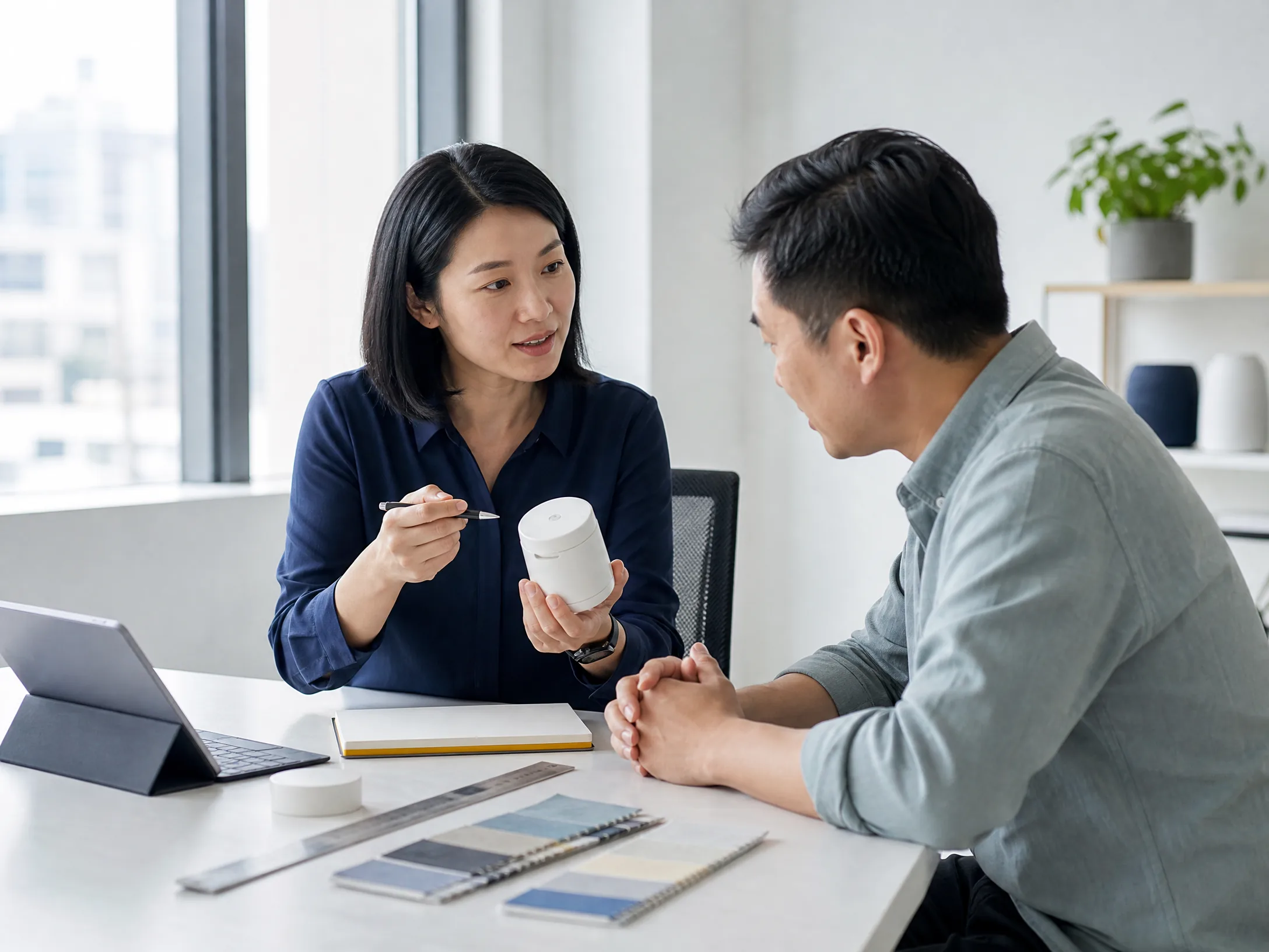 Sourcing consultant explaining a product sample and checklist