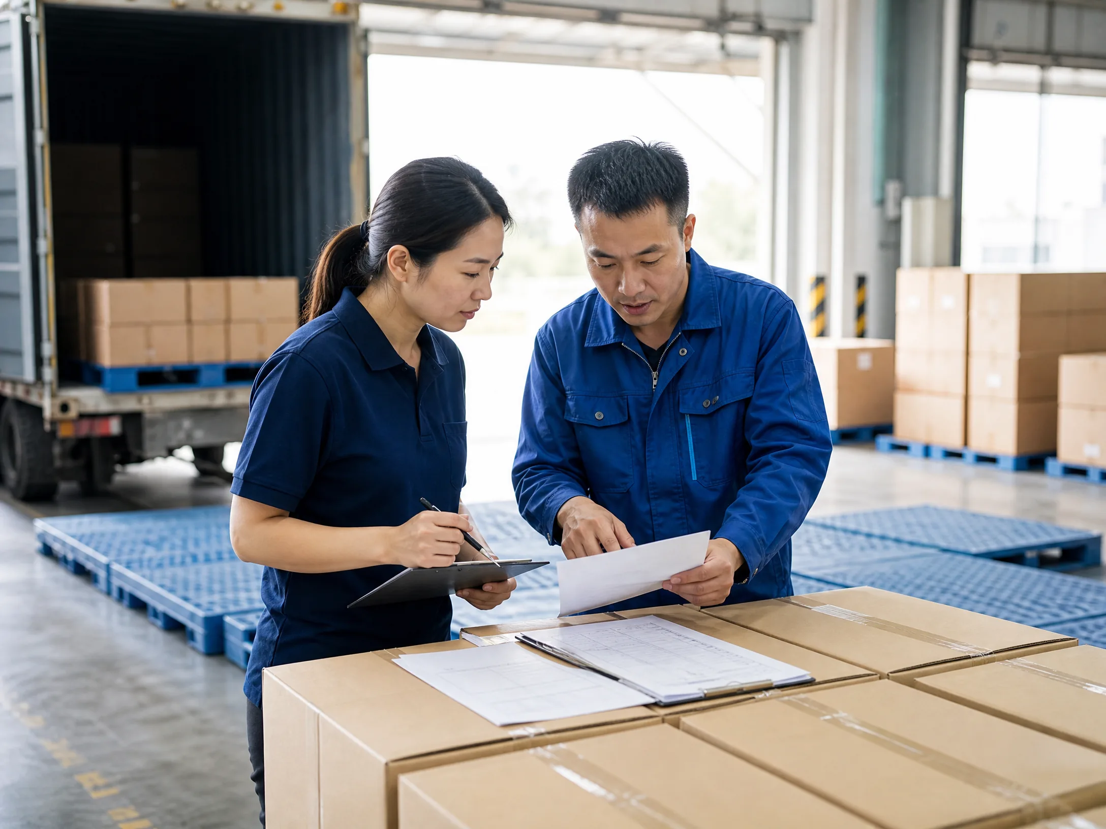 Logistics coordinators reviewing export cartons before dispatch