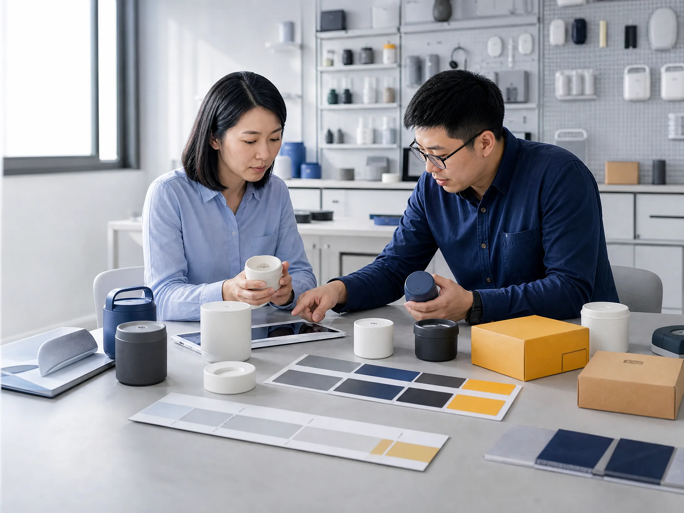 Buyer and sourcing planner reviewing samples, quantities and timeline