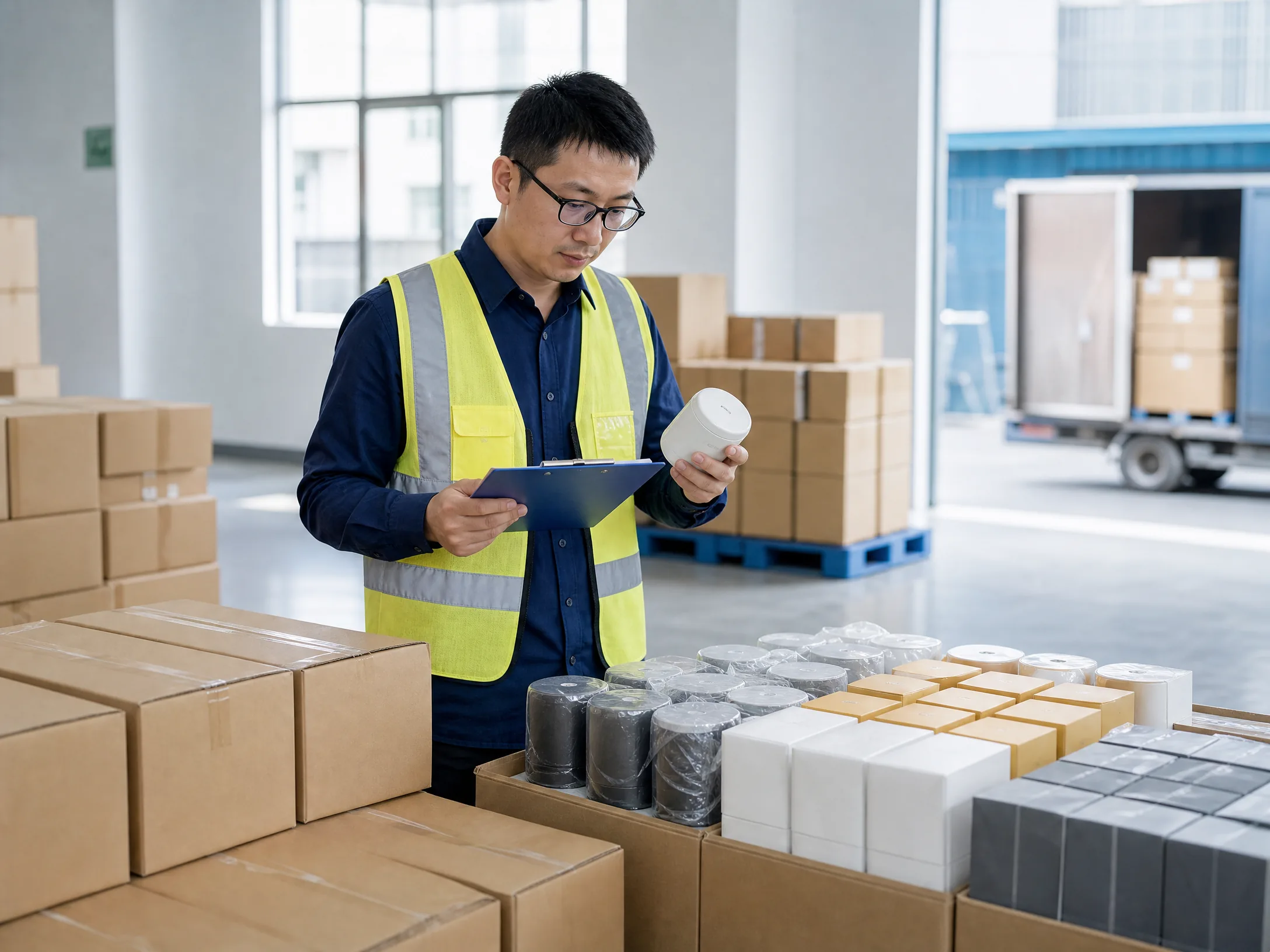 Quality inspector checking export products before delivery