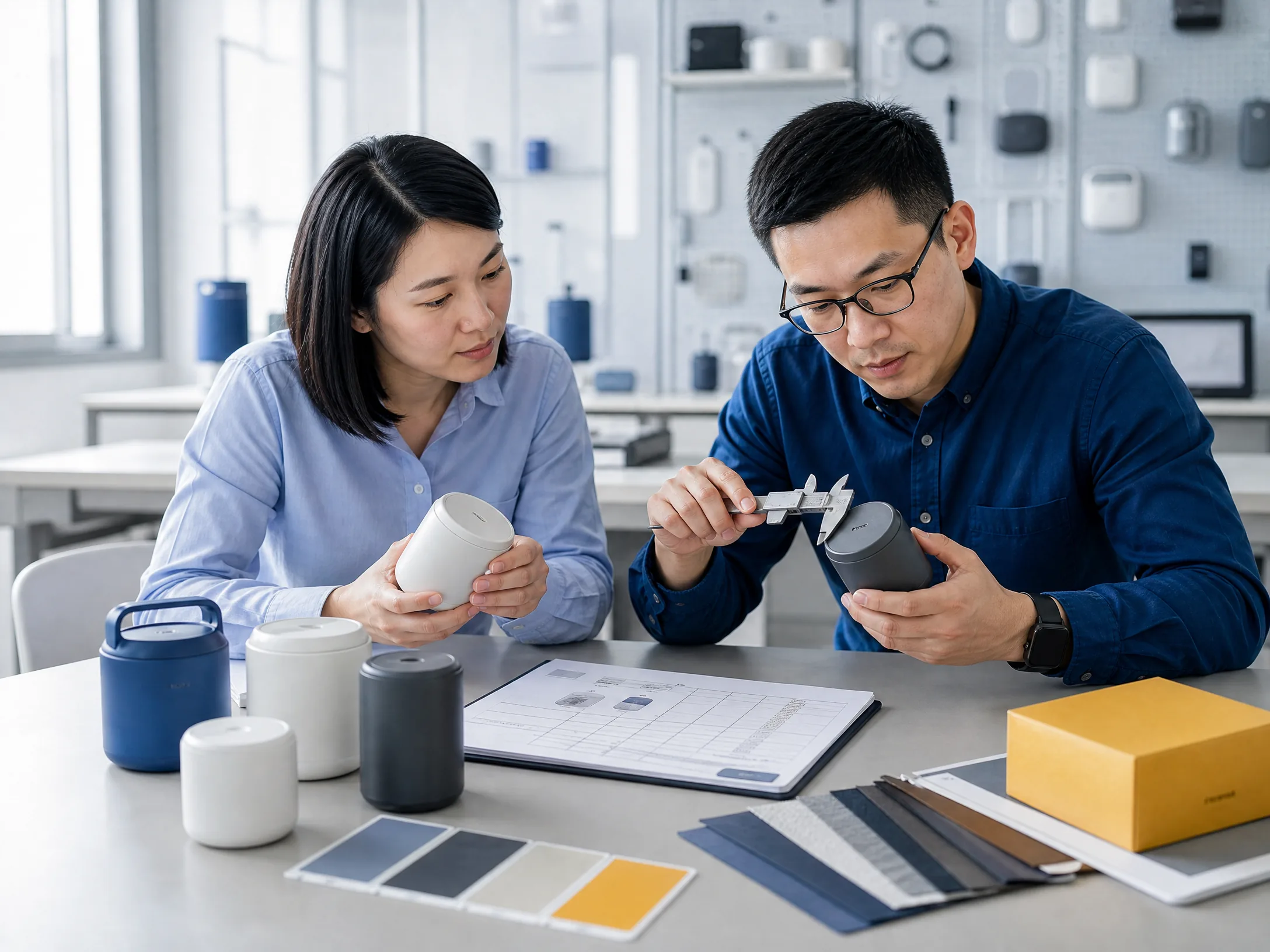 Sourcing team measuring and reviewing product samples