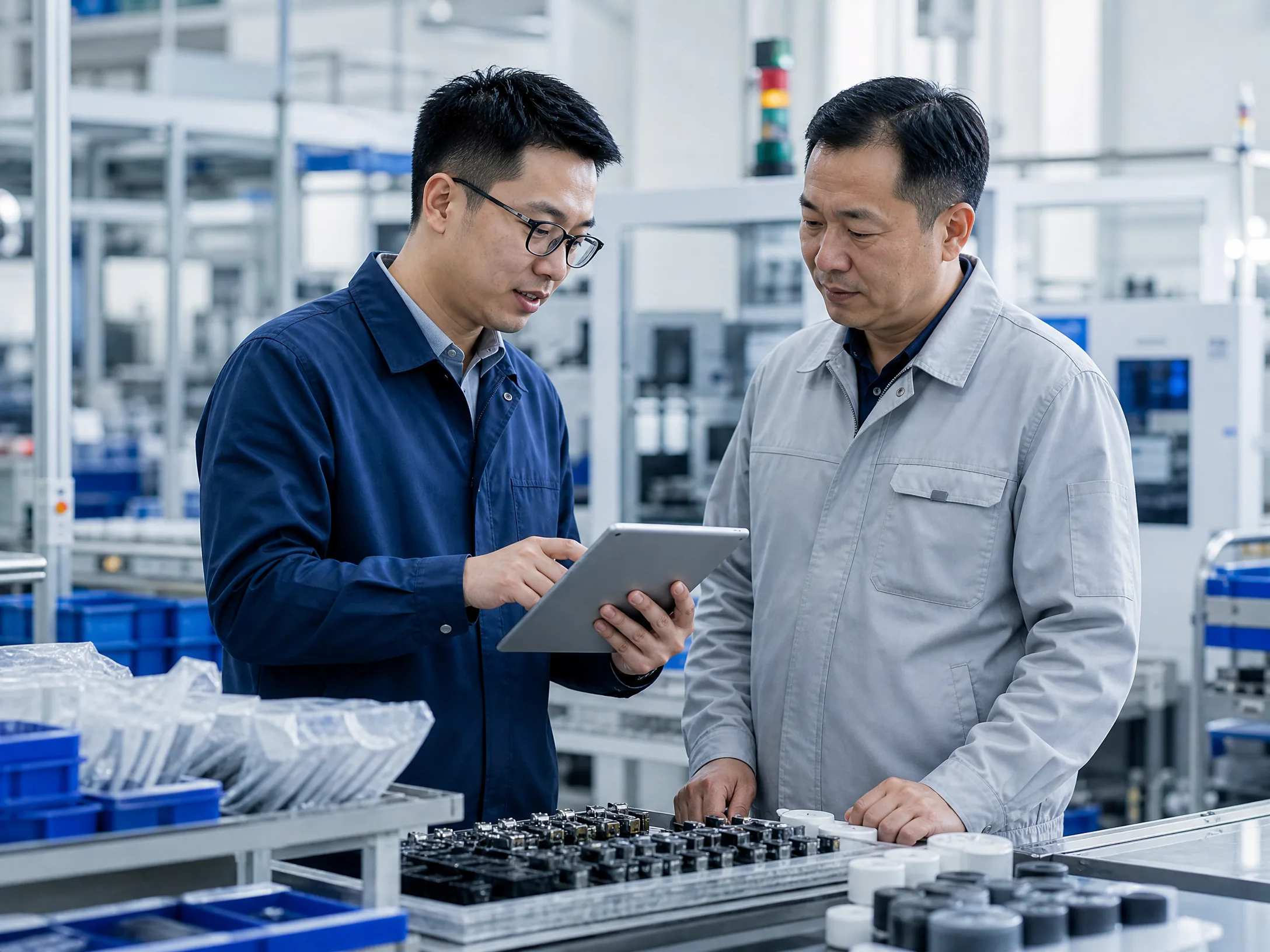 Sourcing specialist reviewing a supplier on the factory floor