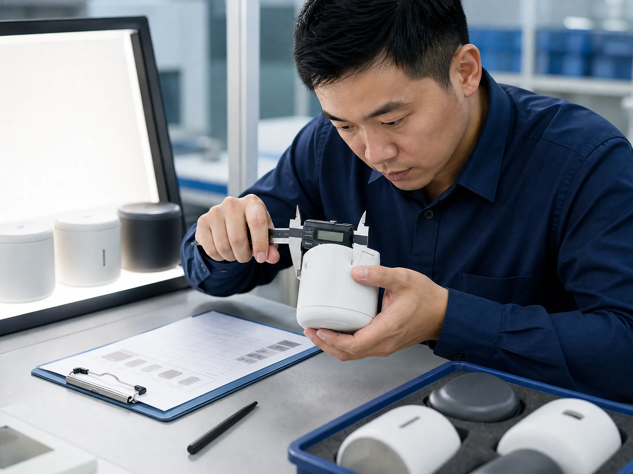 Quality inspector measuring an unbranded product before shipment