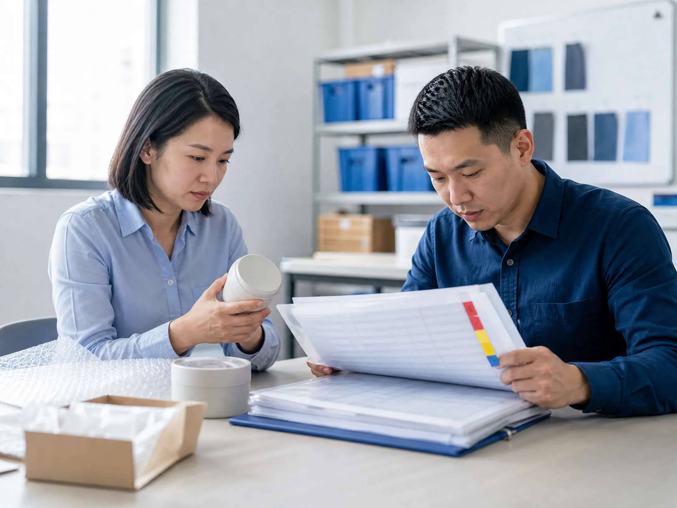 Sourcing team reviewing supplier documents, sample and risk checklist