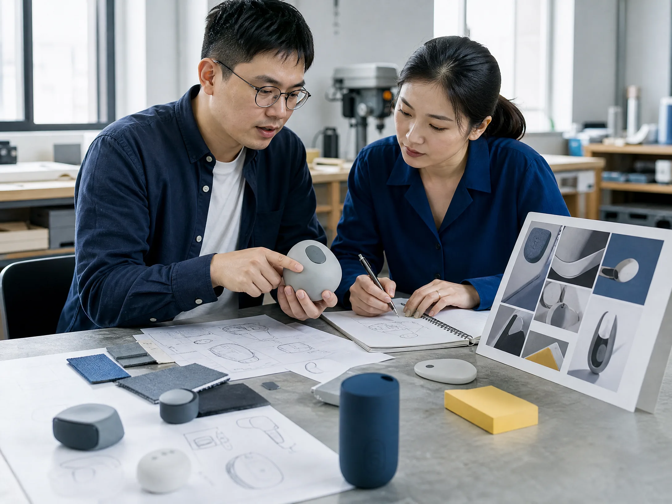 Startup founder and sourcing advisor reviewing a prototype and product brief