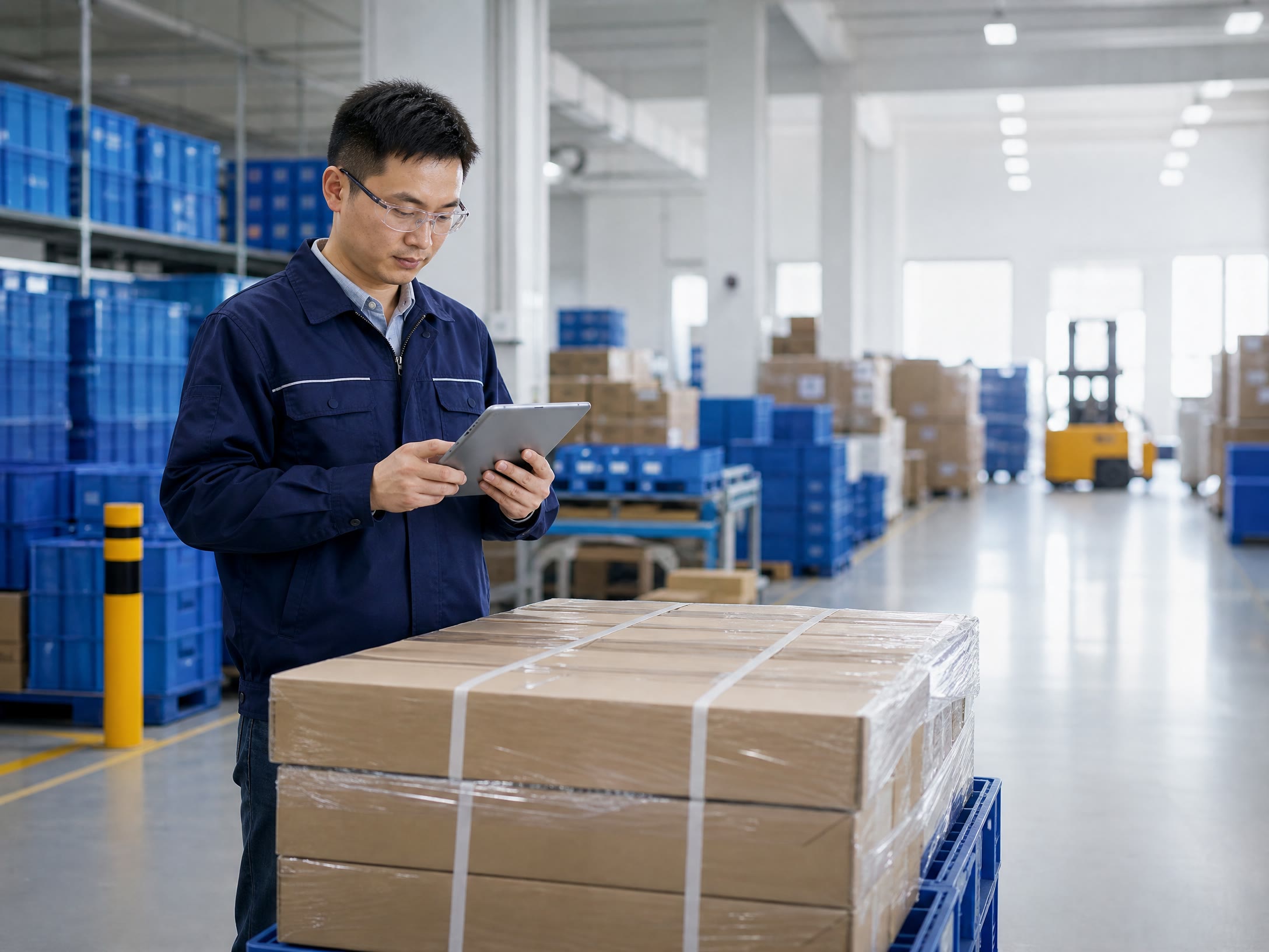 Sourcing coordinator reviewing a shipment in a warehouse