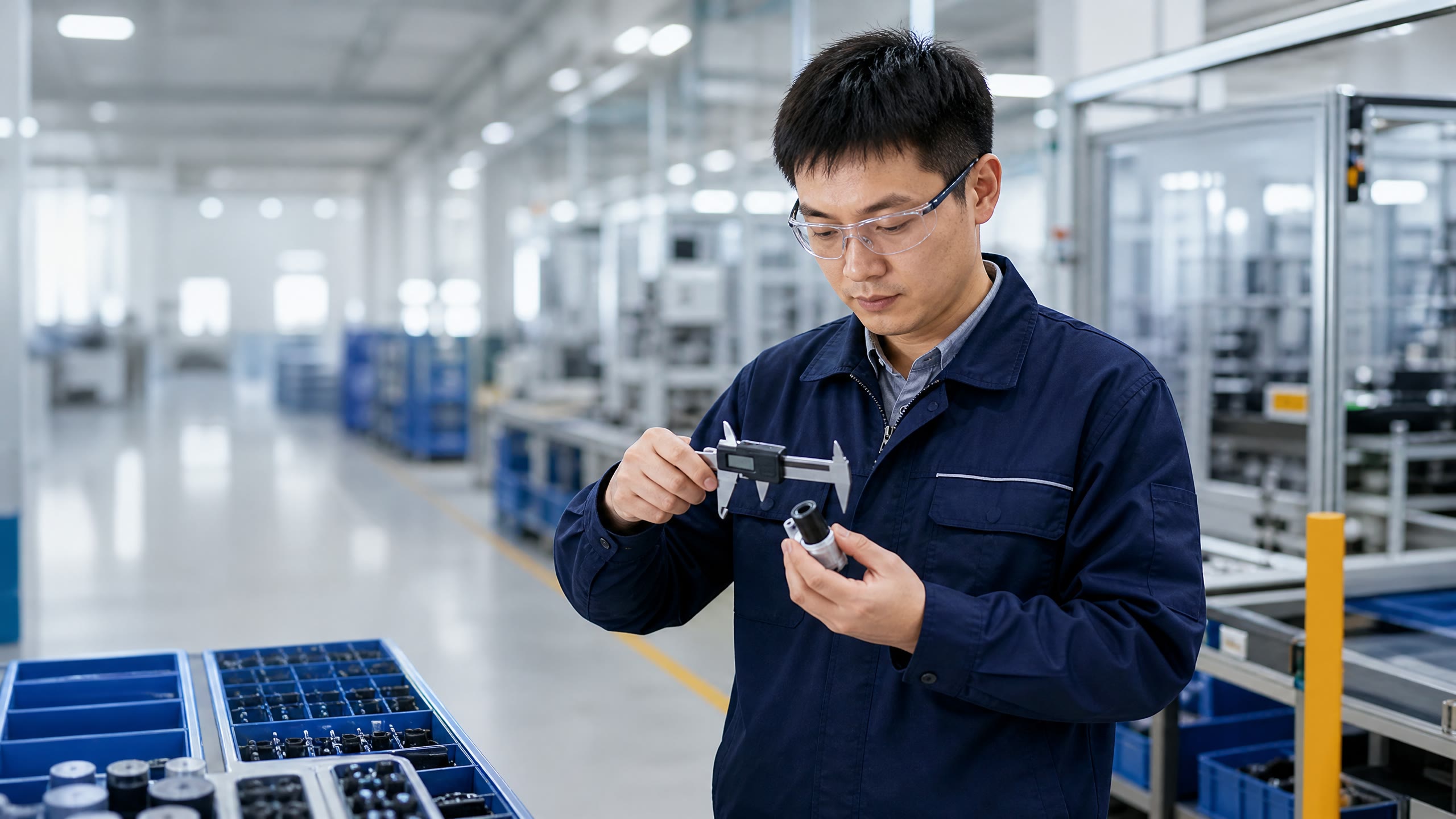 Quality control specialist inspecting a product in a factory