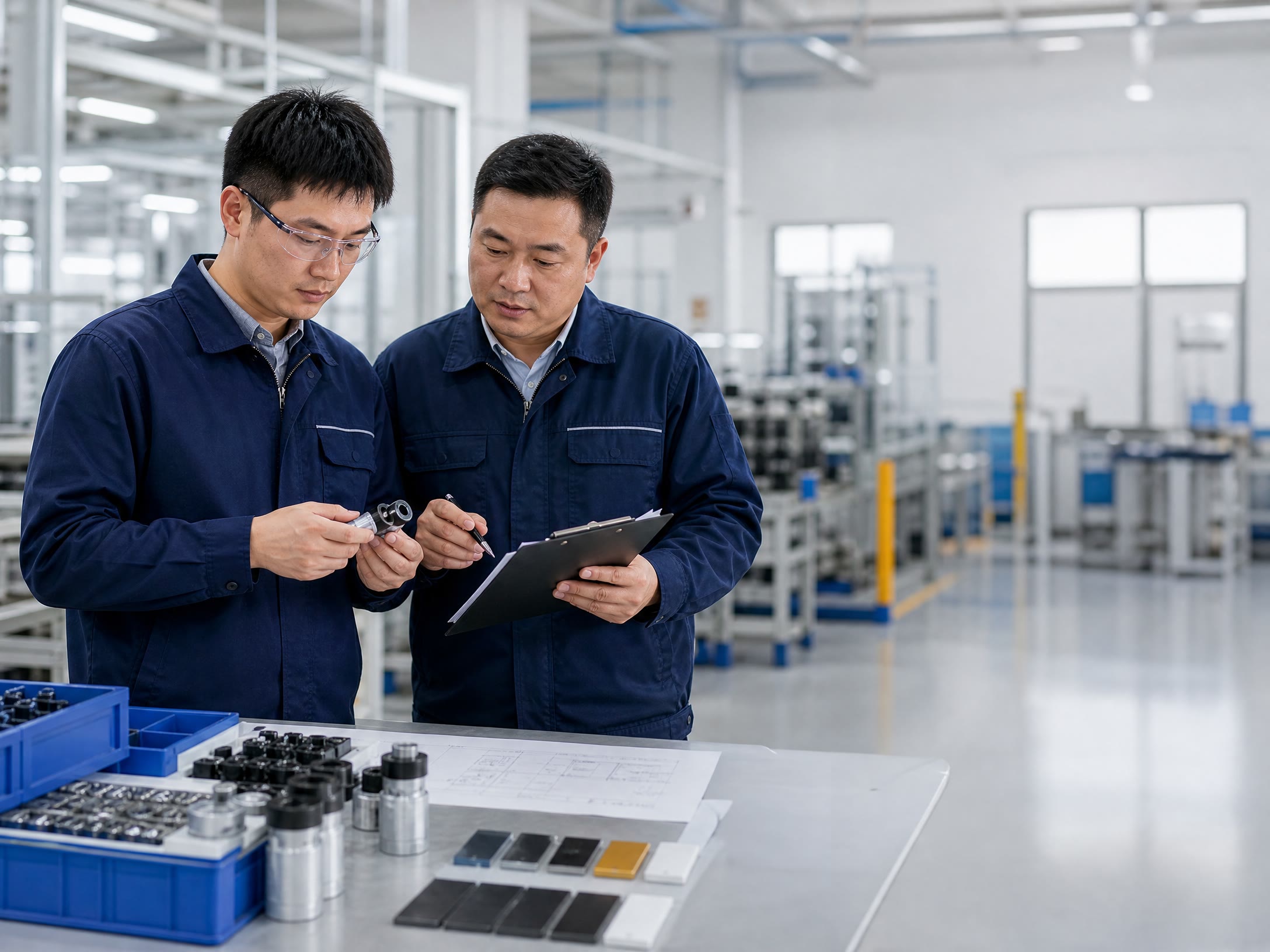 Sourcing specialists reviewing product samples in a factory